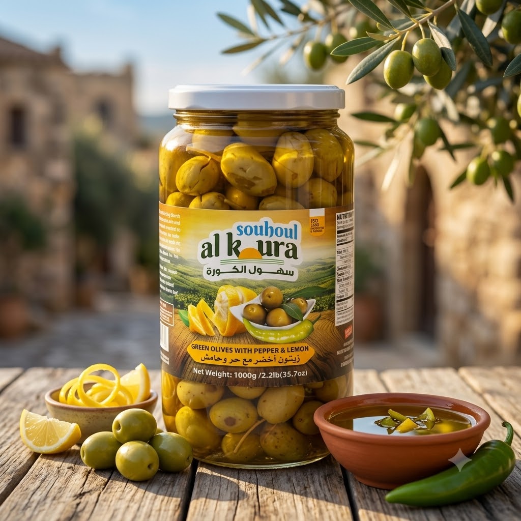 SOUHOUL AL KOURA GREEN OLIVE WITH LEMON AND PEPPER 1000 G (2.2 LB) X 12 CT