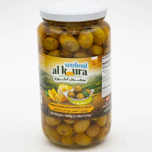 SOUHOUL AL KOURA GREEN OLIVE WITH LEMON AND PEPPER 1000 G (2.2 LB) X 12 CT