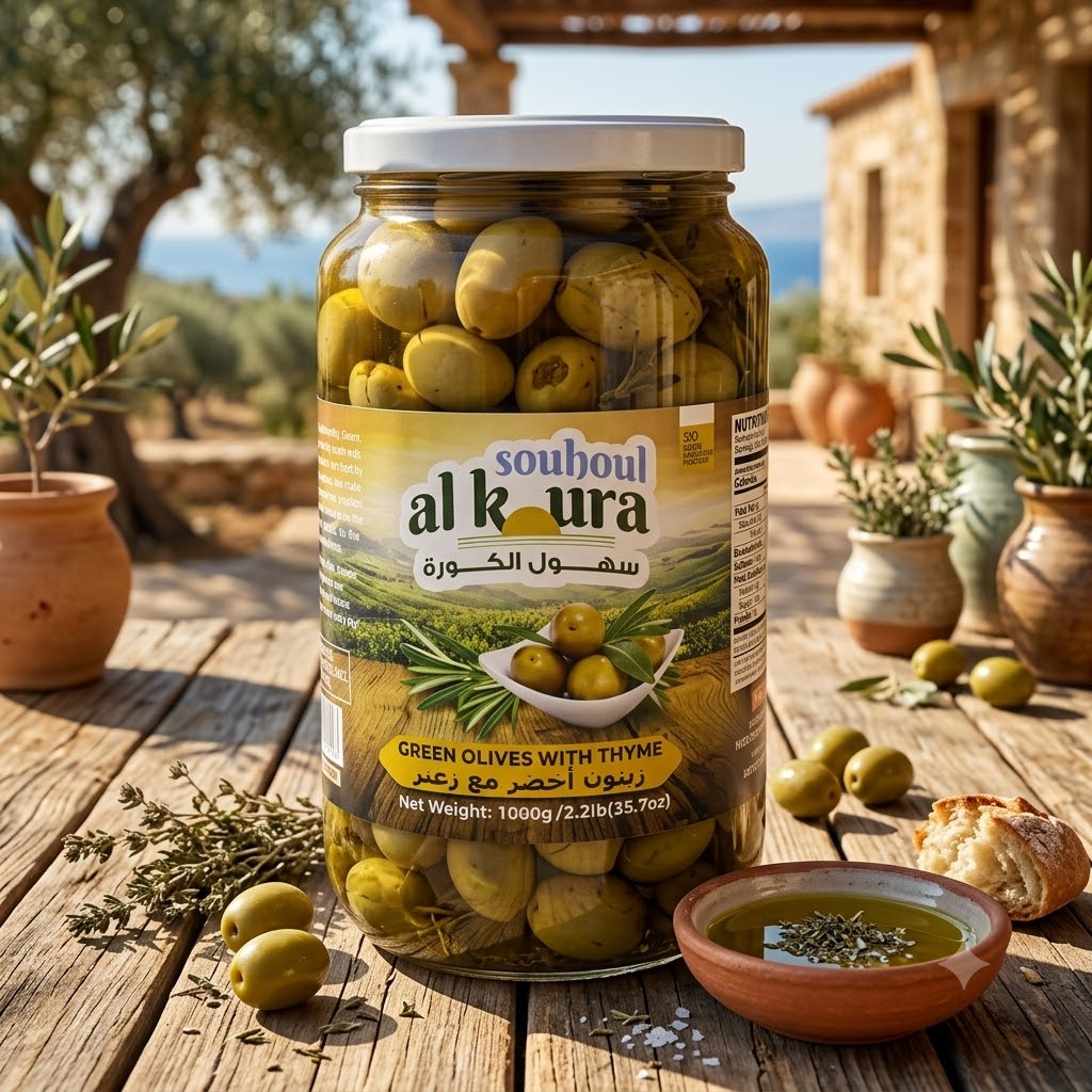 SOUHOUL AL KOURA GREEN OLIVE WITH THYME 1000 G (2.2 LB) X 12 CT
