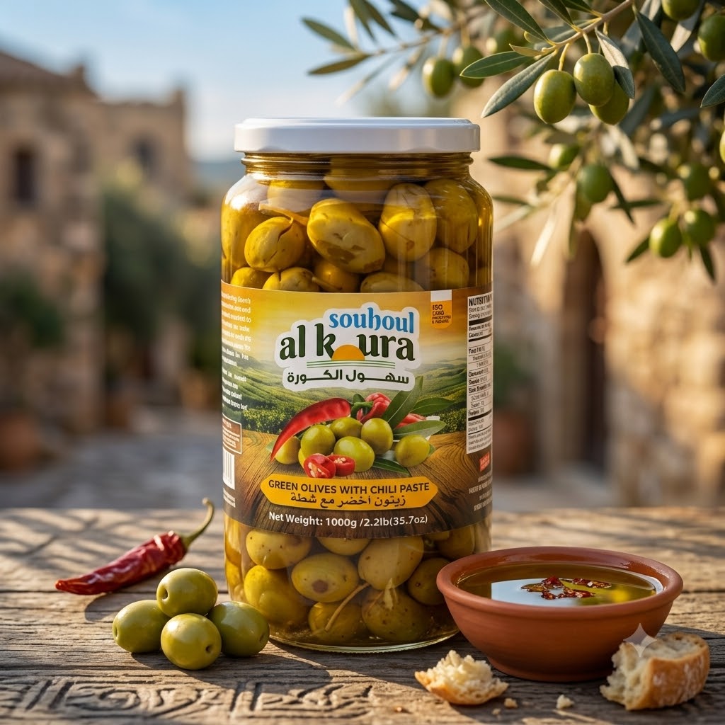 SOUHOUL AL KOURA GREEN OLIVES WITH CHILI PASTE (1KG) 2.2 LB X 12 CT