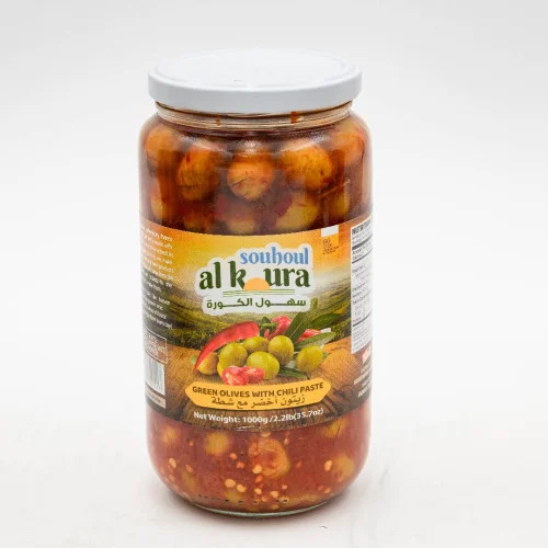 SOUHOUL AL KOURA GREEN OLIVES WITH CHILI PASTE (1KG) 2.2 LB X 12 CT