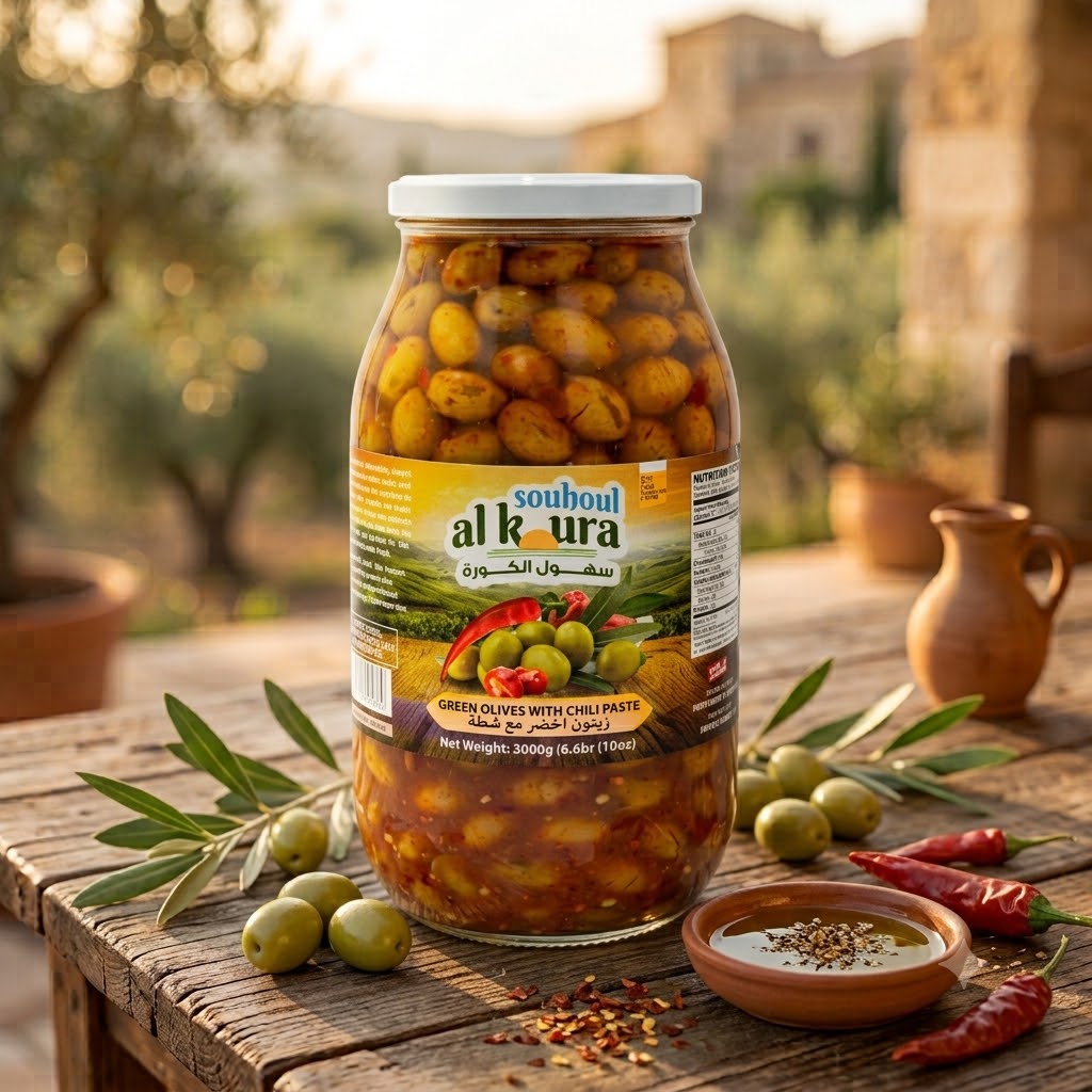 SOUHOUL AL KOURA GREEN OLIVES WITH CHILI PASTE (3KG) 6.6LB X 4