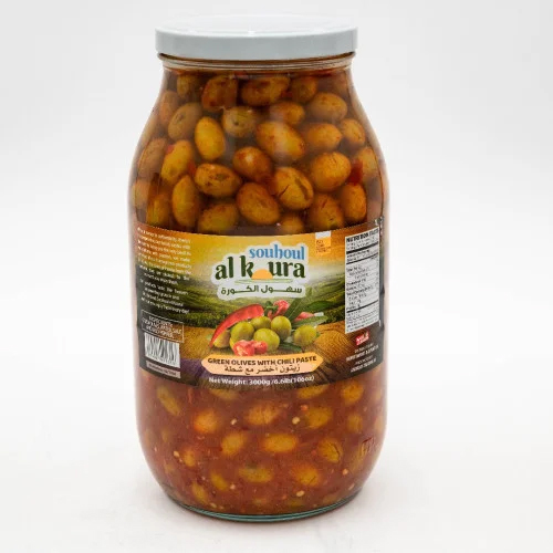 SOUHOUL AL KOURA GREEN OLIVES WITH CHILI PASTE (3KG) 6.6LB X 4