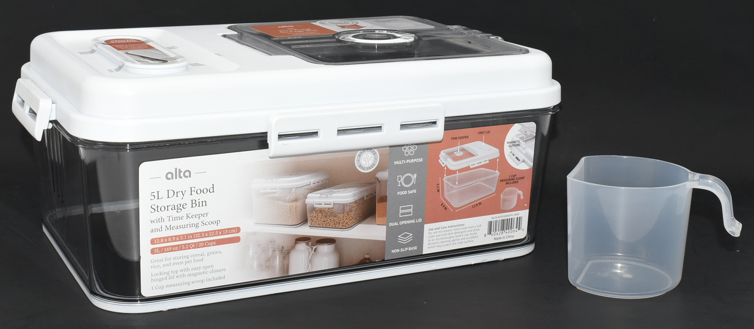 FOOD STORAGE, 5 L, WITH SCOOP DUAL OPENING LID, CLEAR