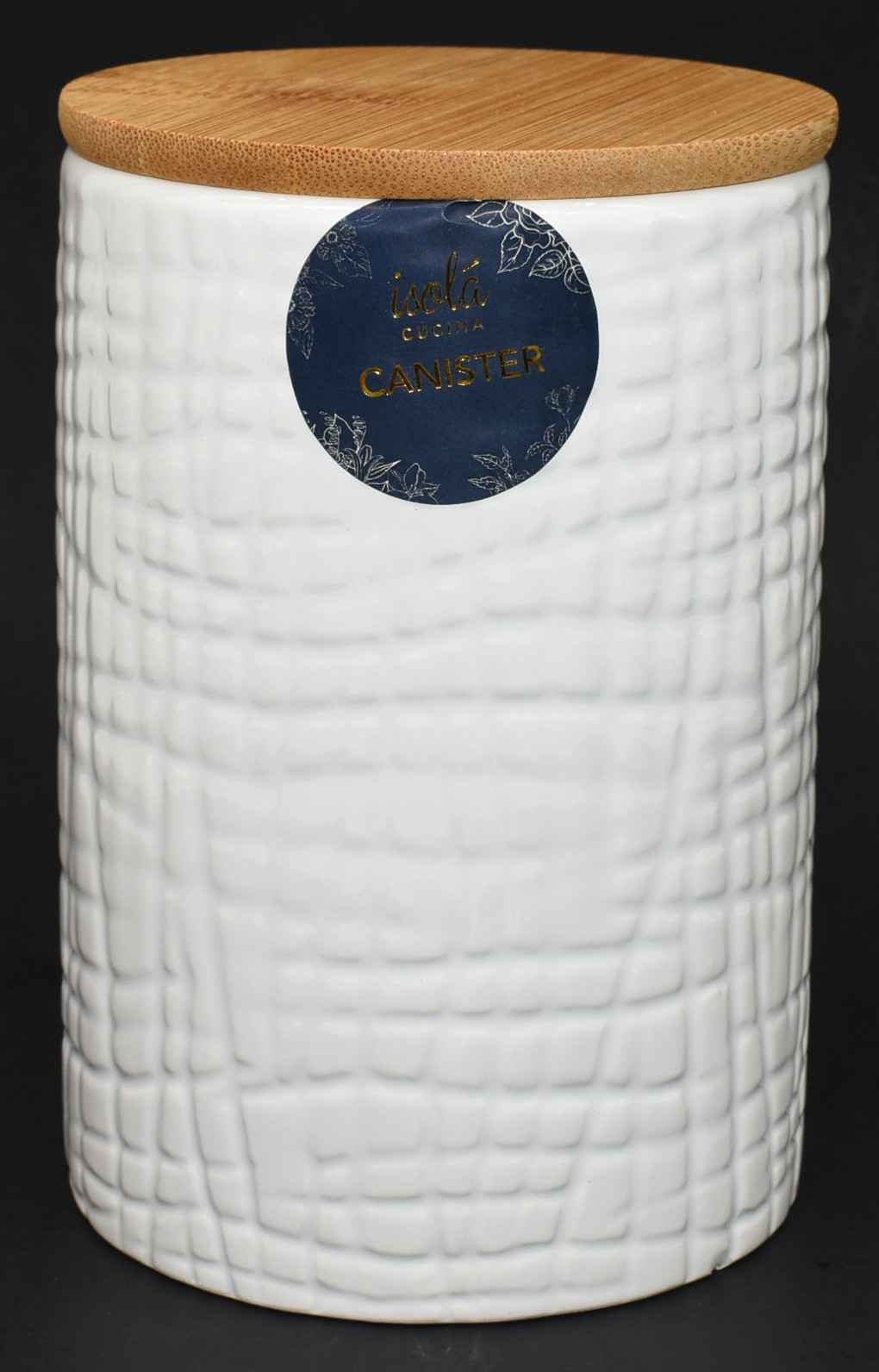 CANSITER, CERAMIC,WHITE, MAT BAMBOO LID, 4X4X6